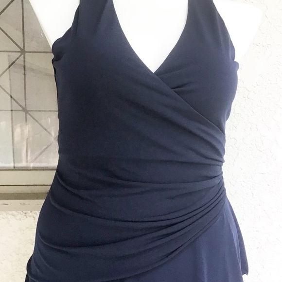 Carmen Marc Valvo Luxe Dress Navy Blue Ruching - Picture 8 of 15